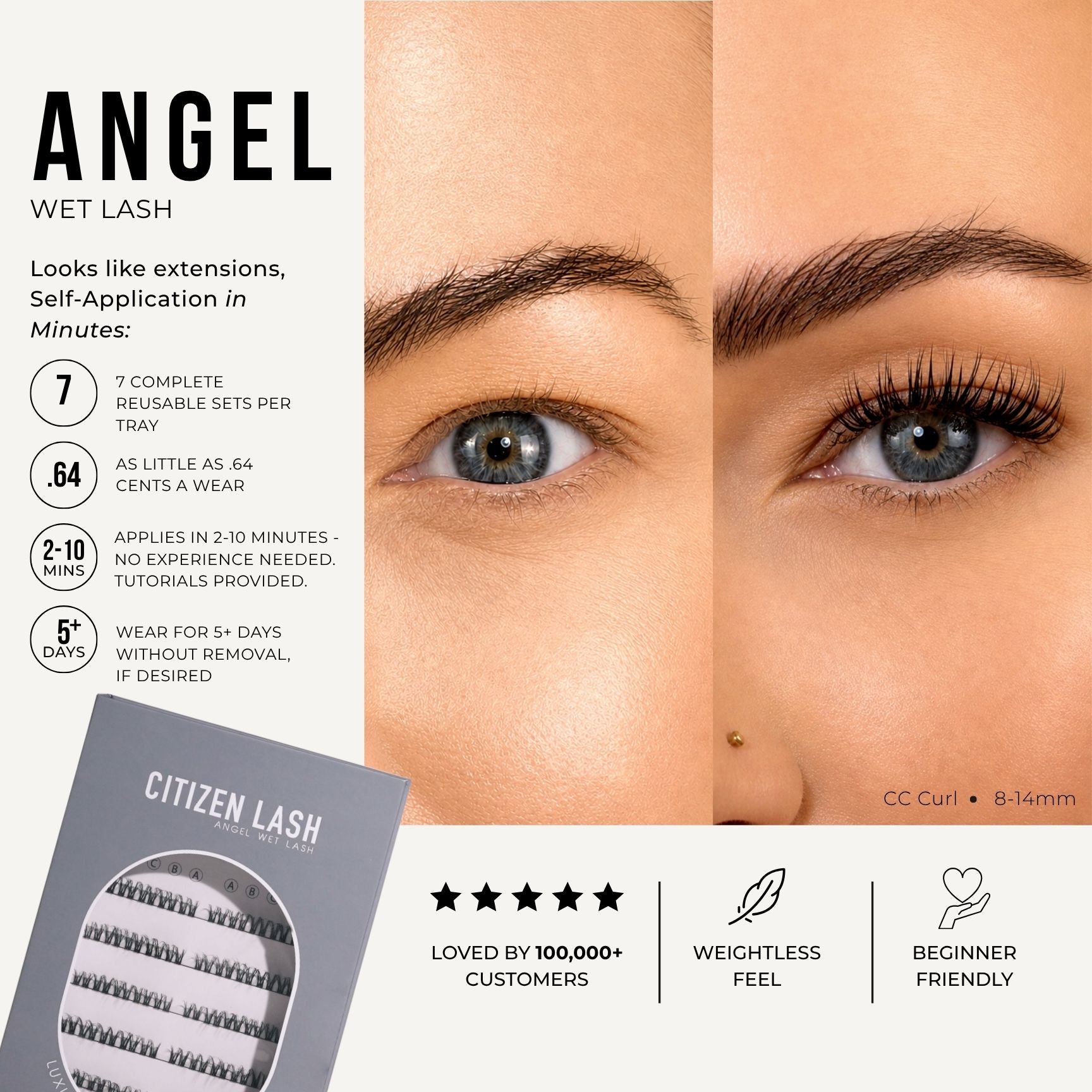 Promotional graphic for Citizen Lash Angel Wet Lash false eyelash extensions, showing a side-by-side close-up of a model's eye with natural lashes and applied lashes, alongside product packaging and feature callouts.