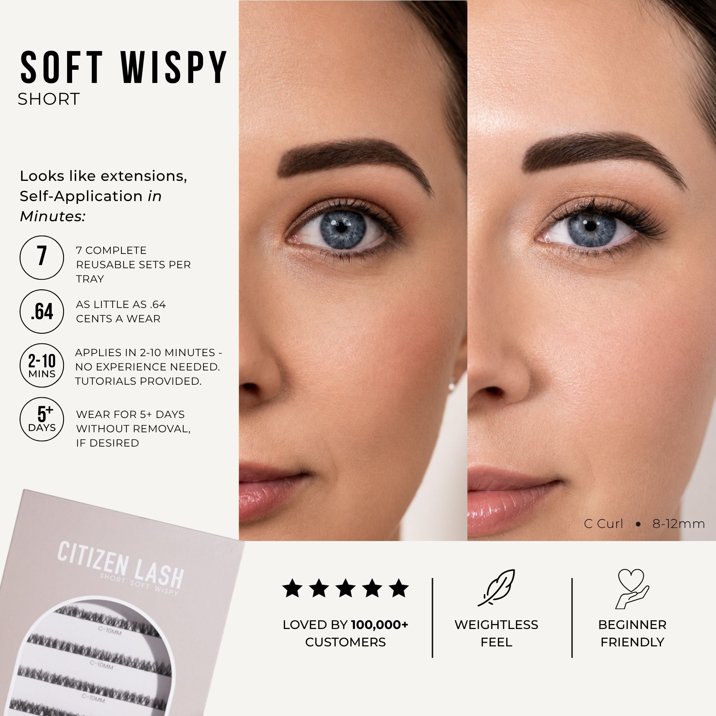 Promotional graphic for Citizen Lash Soft Wispy Short eyelash extensions, showing a close-up of a model's eye with defined lashes on the right and before/after style text on the left, plus a package inset and feature icons.
