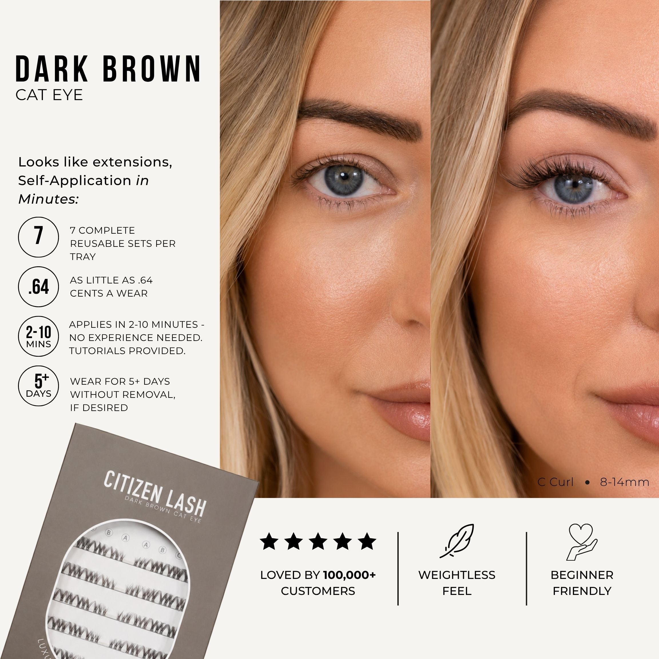 A beauty product promotional graphic for Citizen Lash Dark Brown Cat Eye false eyelash extensions. The image features a split-screen close-up of a model's eyes showing the applied dark brown lashes, alongside a package of the extensions in the bottom-left corner and product feature callouts on a light beige background.