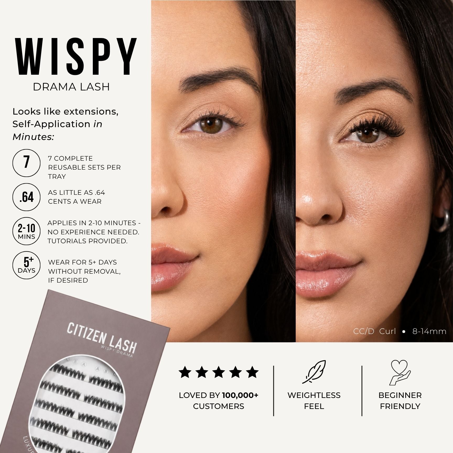 Promotional graphic for Wispy Drama Lash false eyelash extensions, showing a before-and-after close-up of a model's eye with the lashes applied, alongside product packaging and feature callouts.