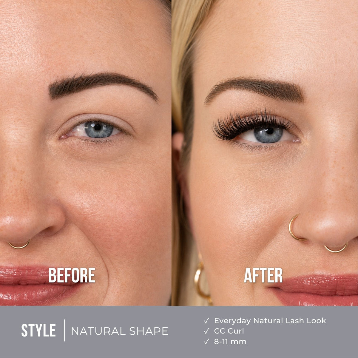 Before-and-after comparison of a woman's eye area showing eyebrow and eyelash styling results. The left side is labeled BEFORE with natural-length lashes and a natural brow shape; the right side is labeled AFTER with fuller, longer curled lashes and a defined brow.