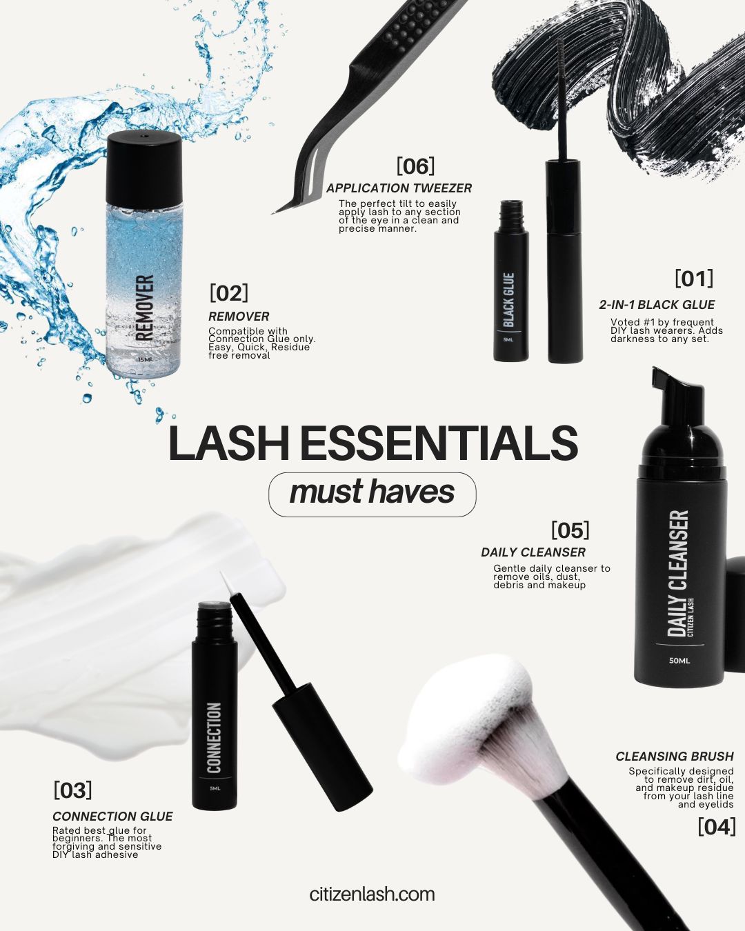 Lash care product set with labeled items and 'Lash Essentials must haves' text.