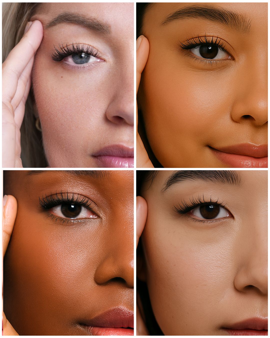 Collage of four close-up portraits with a focus on eyelashes and skin tones.