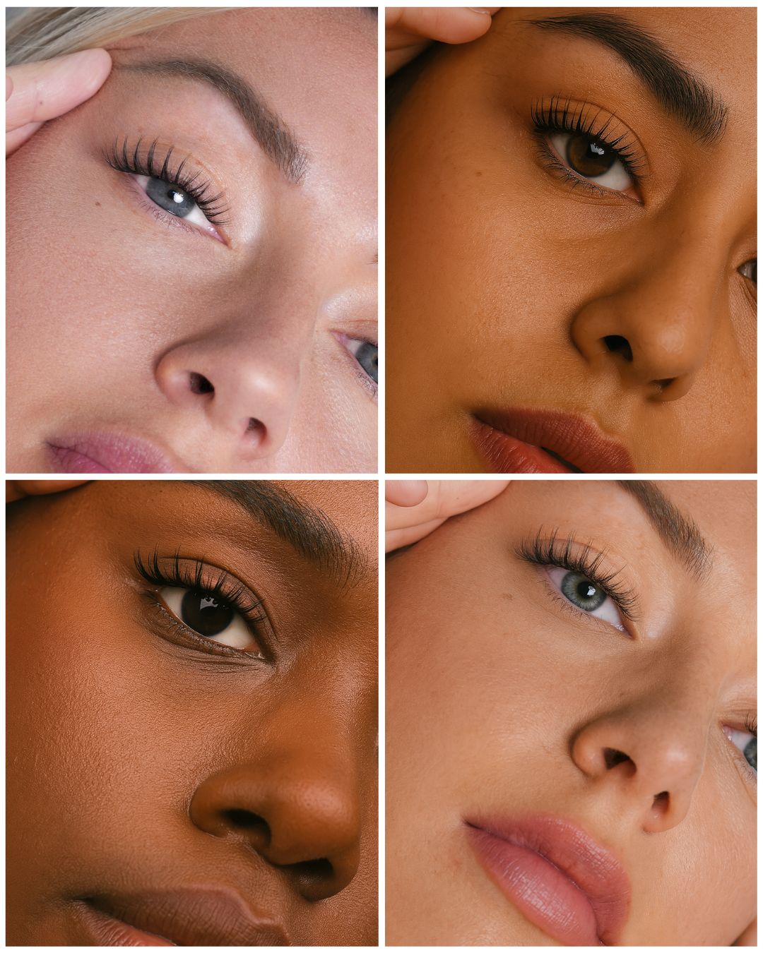 Collage of close-up portraits of four women wearing lash extensions