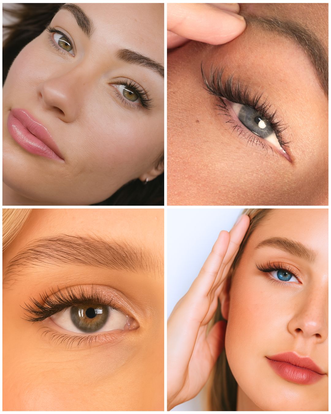 Collage of close-up shots of a woman's face, focusing on dark brown lash extensions