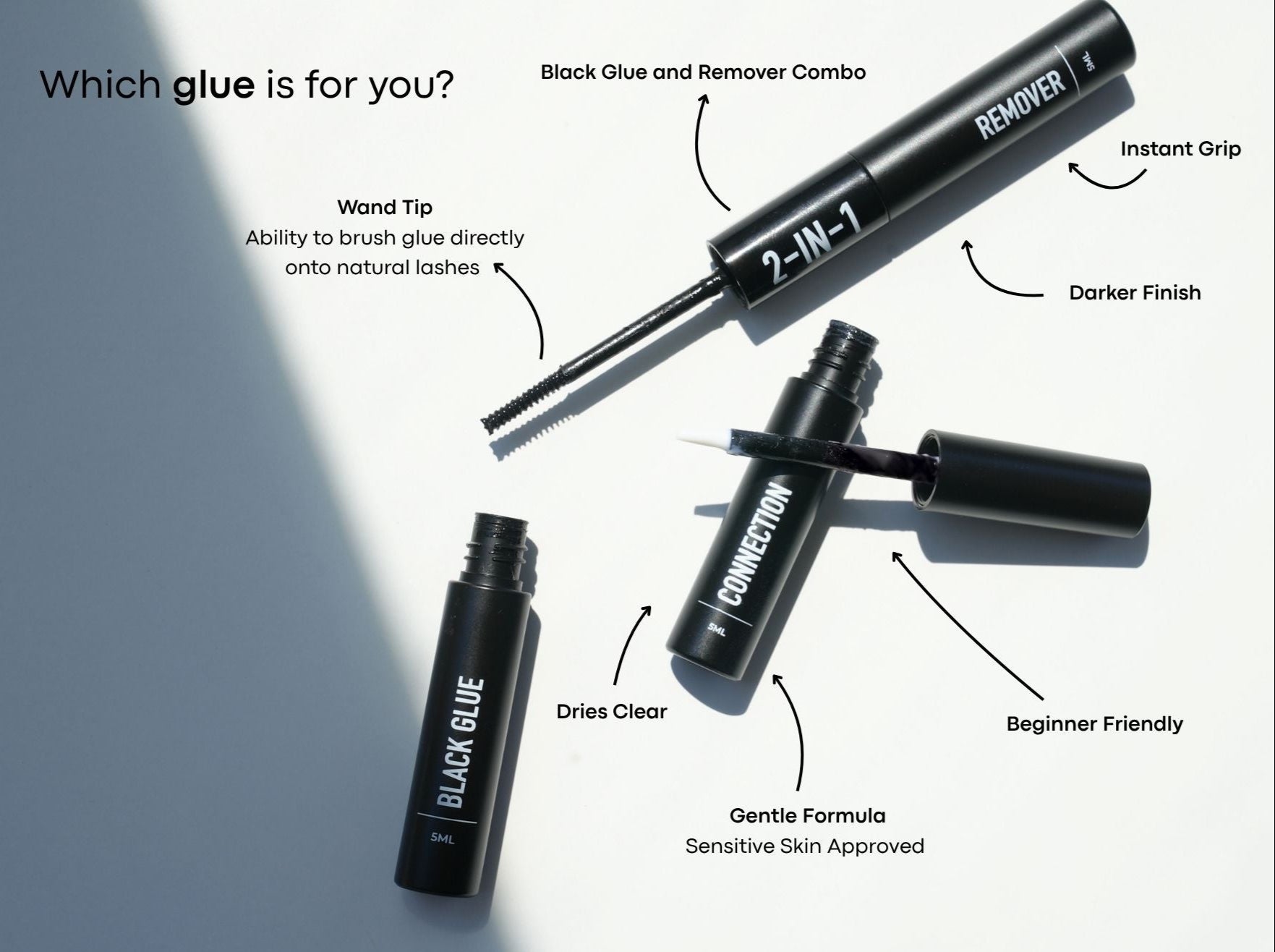 eyelash glue products with features highlighted on a gray background