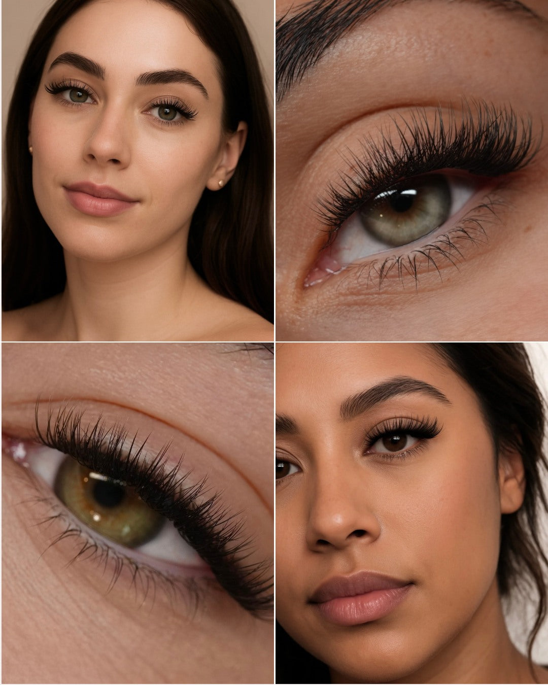 Collage of a woman's face with close-ups of her eyes and eyelashes.