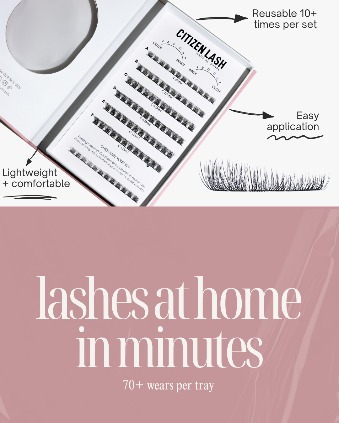 Citizen Lash product packaging with text highlighting features on a pink background
