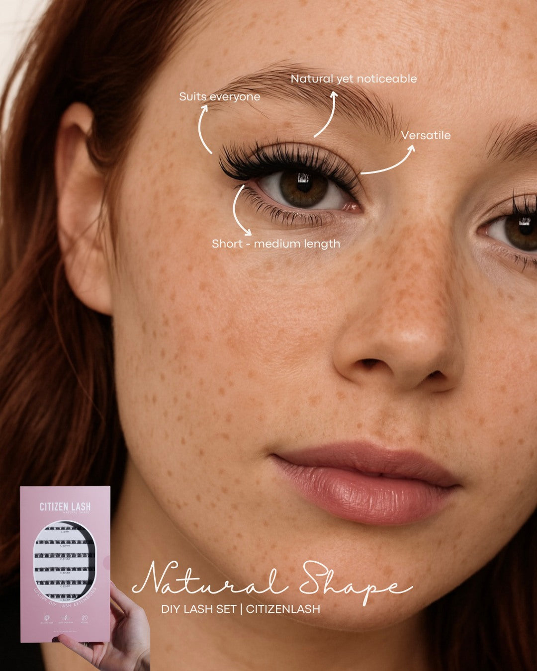 Close-up of a woman's face with text overlay about eyelash product features, featuring Citizenlash branding.