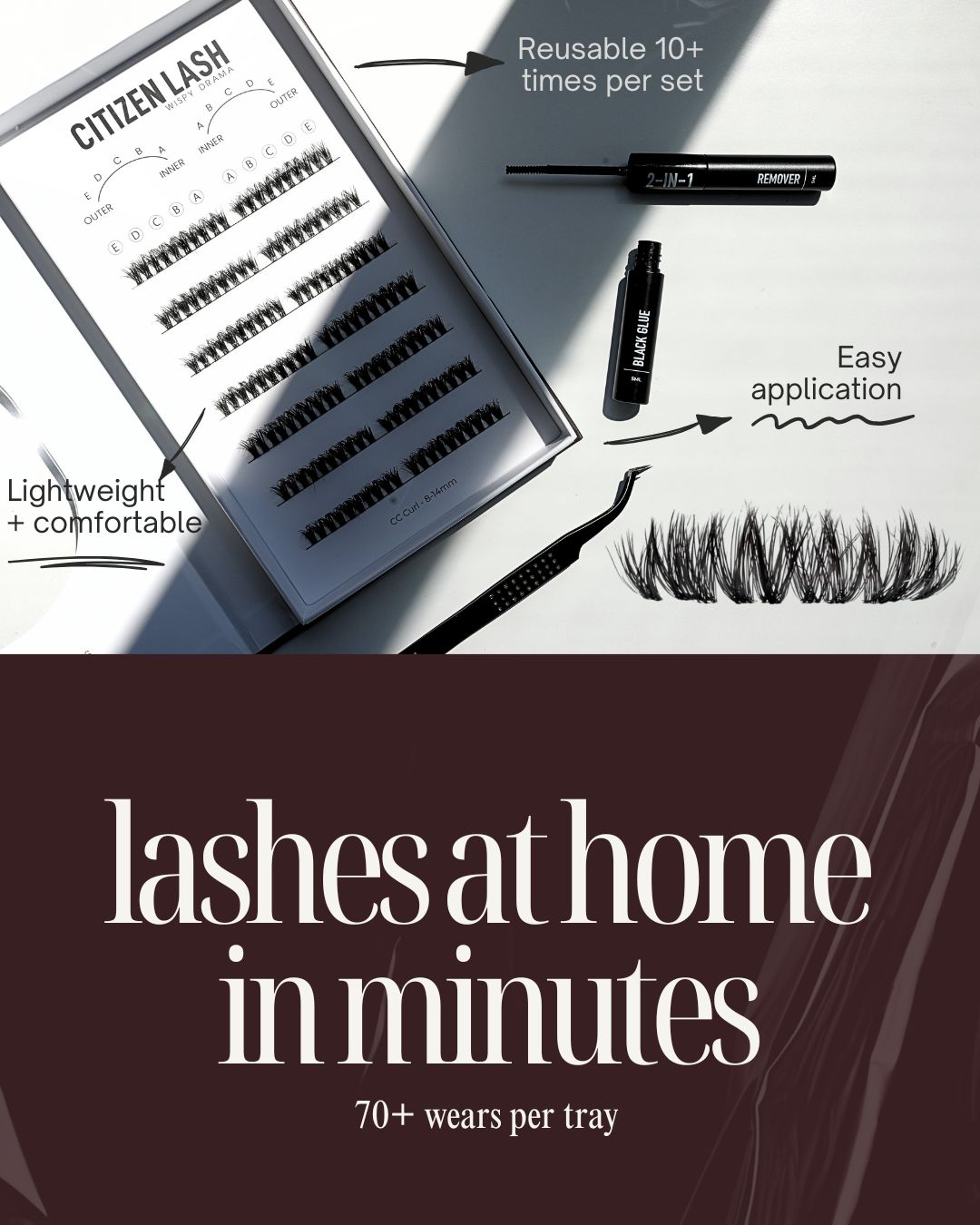 Eyelash set with packaging labeled 'Citizen Lash' on a white background