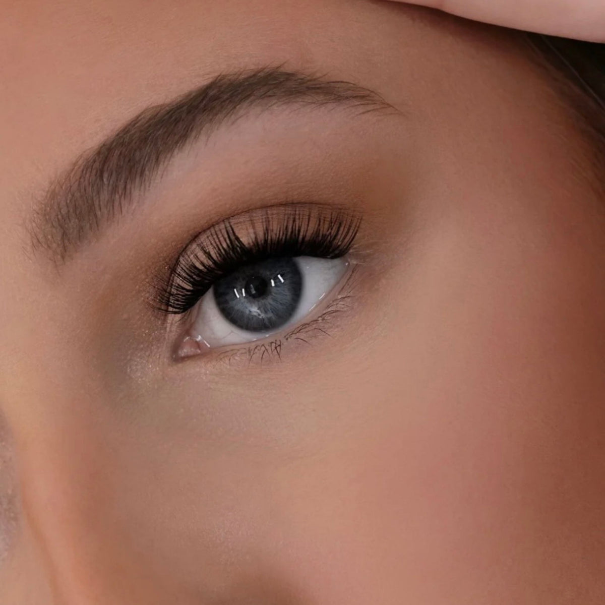 Close-up of a person's eye wearing long, dark, curled false eyelashes and natural-toned eyeshadow, with part of the eyebrow and smooth skin visible.