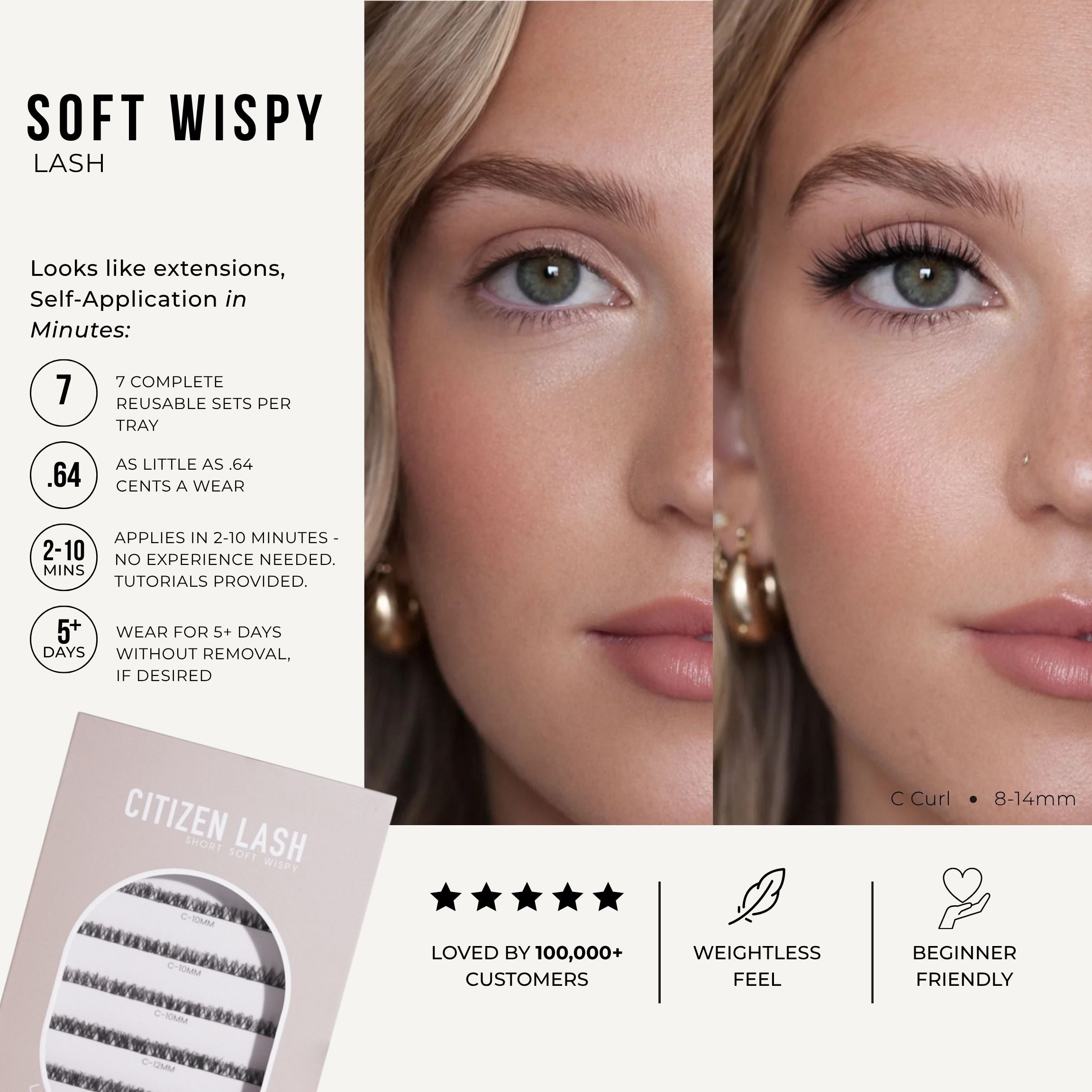 Promotional graphic for Citizen Lash Soft Wispy Lash extensions, showing a before-and-after close-up of a woman's eye with the lashes applied, alongside product packaging and feature callouts.