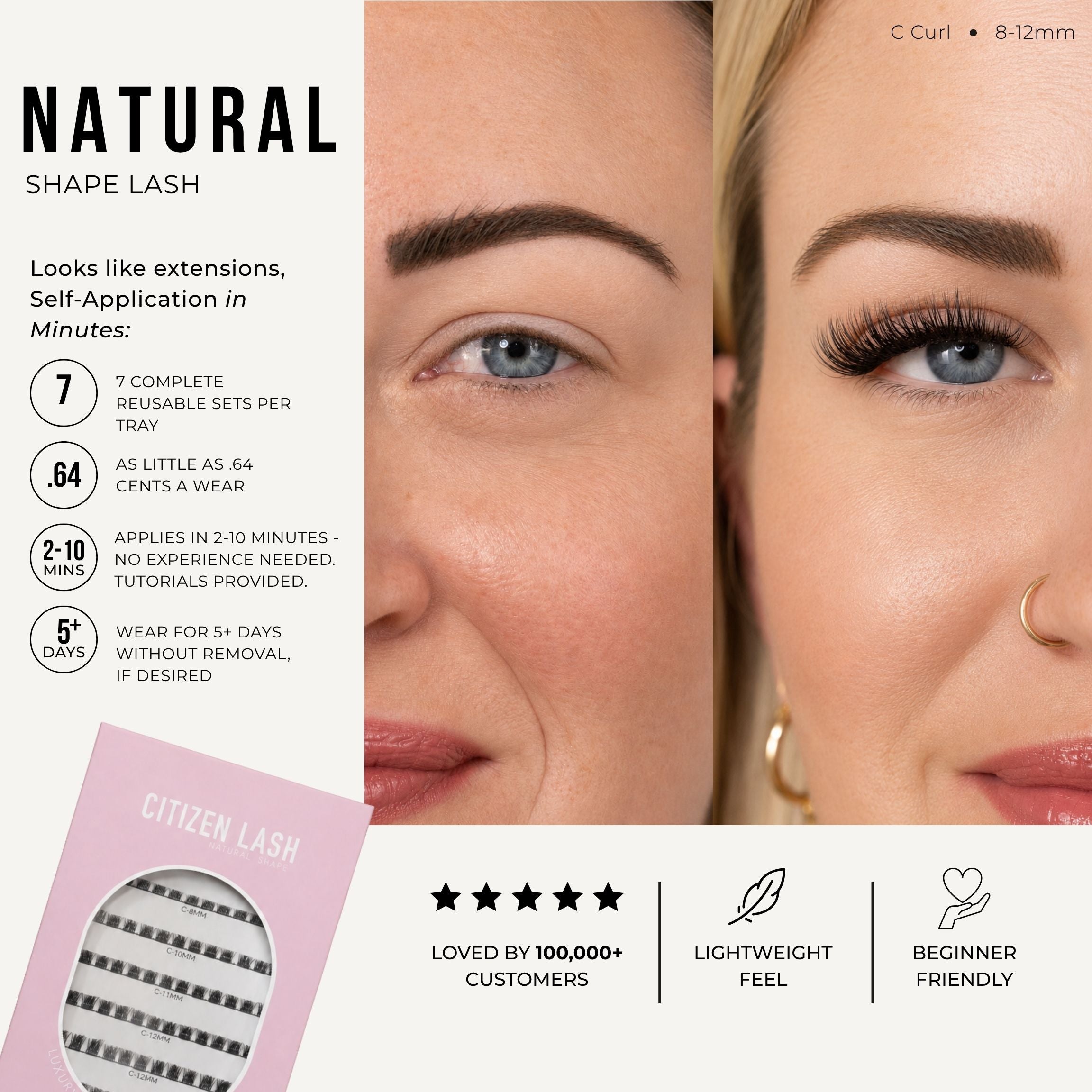 A beauty product promotional graphic for Citizen Lash Natural Shape Lash. The layout features a close-up of a model's eye showing the applied eyelash extensions, alongside the product packaging (a pink tray with a clear window showing the striped lashes) and informational text detailing product features and customer ratings.