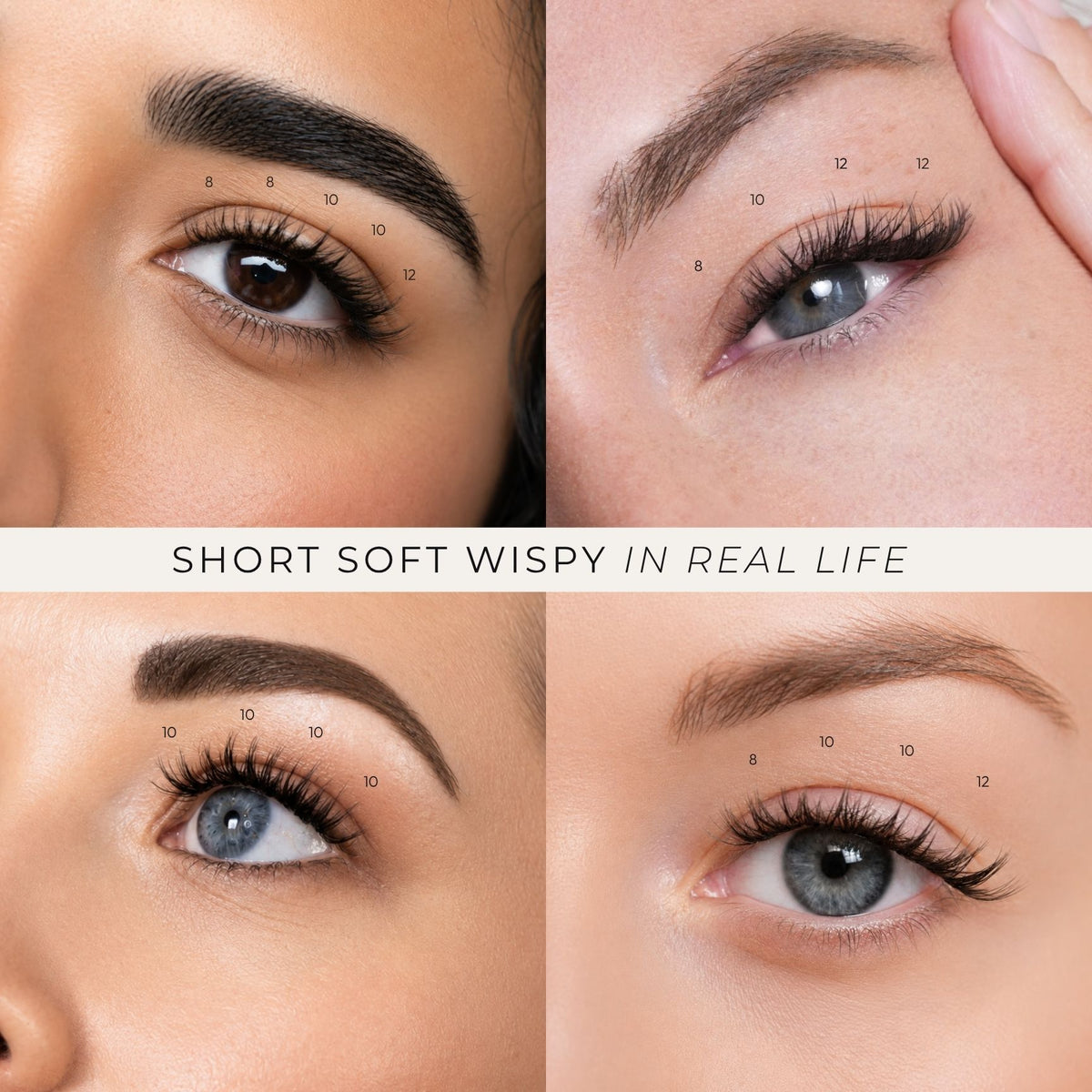 Four-panel close-up collage of eyes showing eyebrow and lash makeup results, with small numbered callouts and the text 'SHORT SOFT WISPY IN REAL LIFE' across the center.