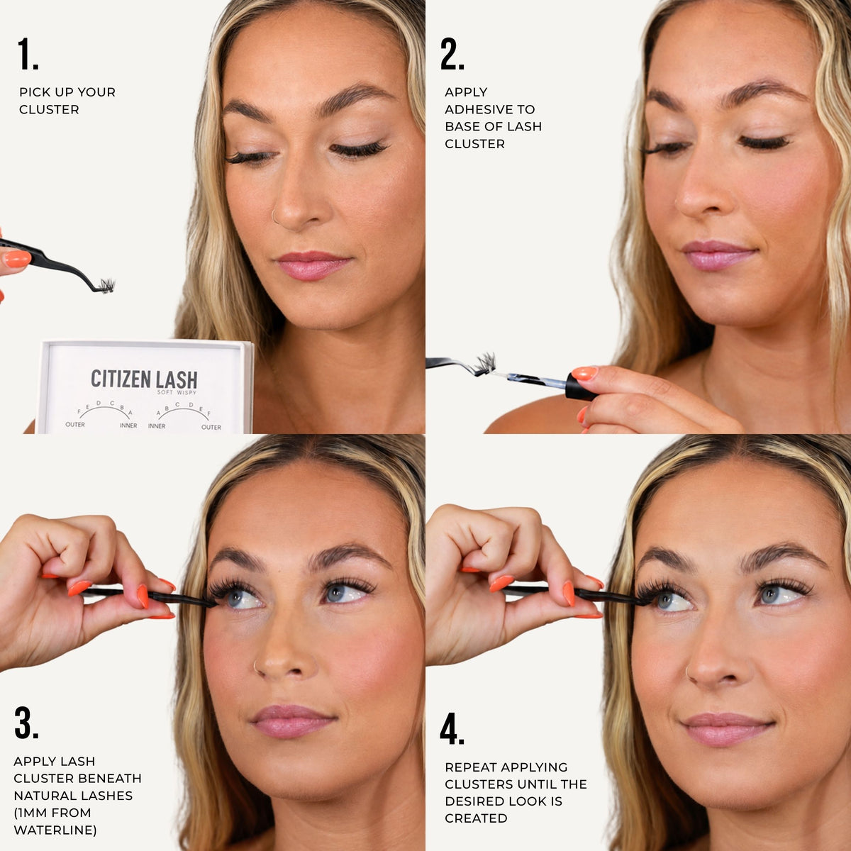 A four-panel instructional collage showing a woman applying lash clusters to her eyelashes. Text labels describe each step: pick up the cluster, apply adhesive to the base of the lash cluster, apply lash cluster beneath natural lashes, and repeat applying clusters until the desired look is created.