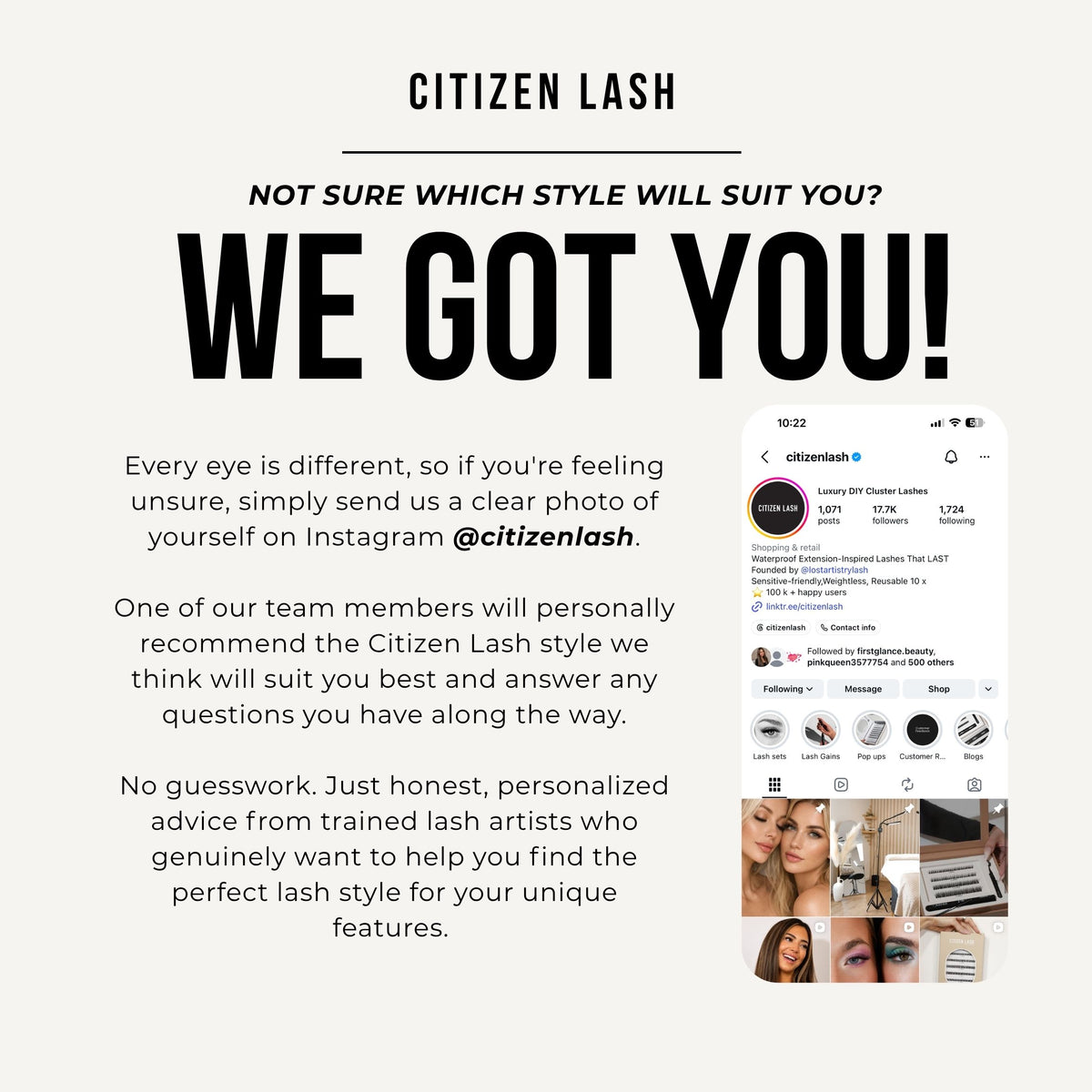 Promotional graphic for Citizen Lash with text on a light beige background and a small screenshot of the brand's Instagram profile on the right.