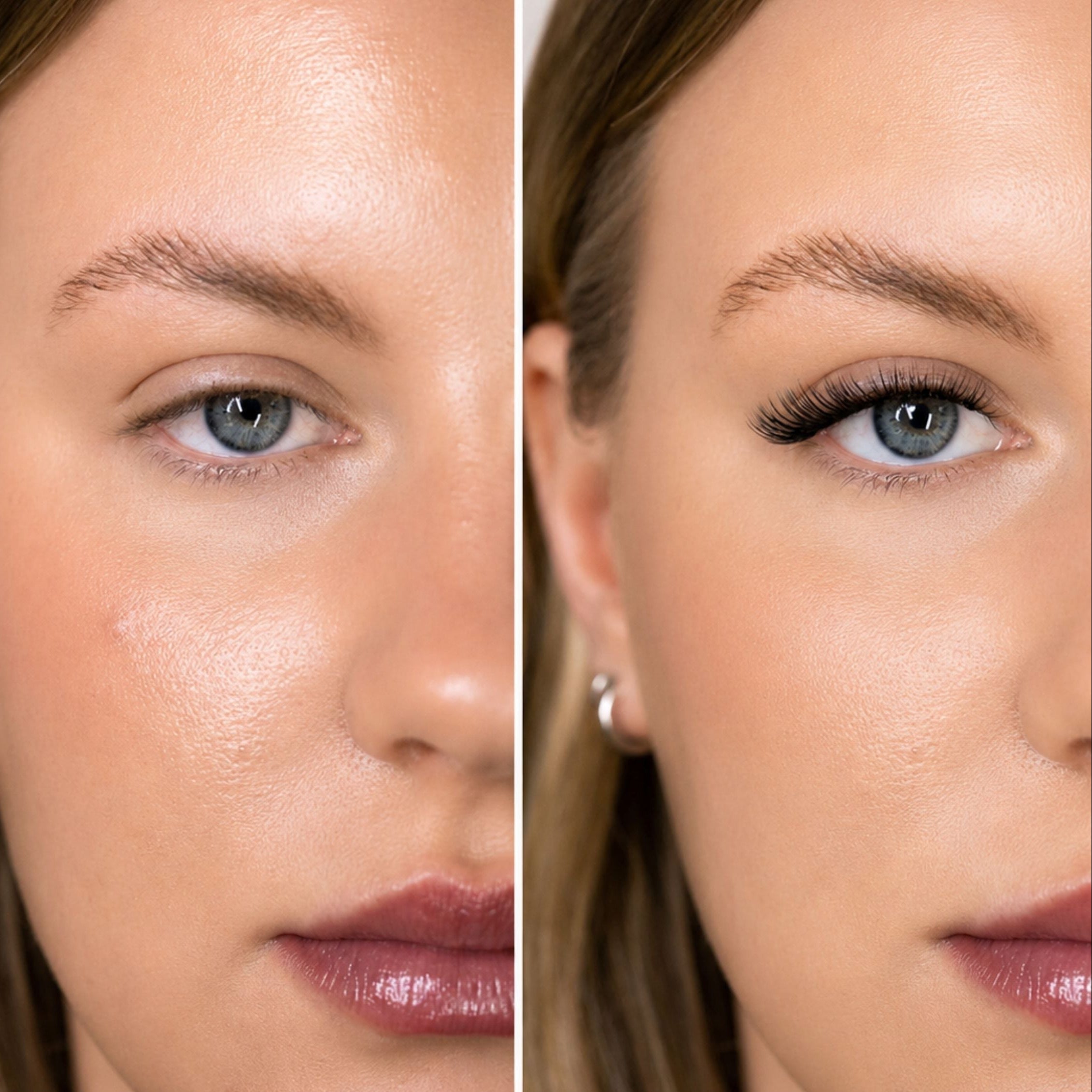 Close-up before-and-after comparison of a woman's eye area, showing a liquid blush or makeup application on the left cheek and across the eyelid on the right side.