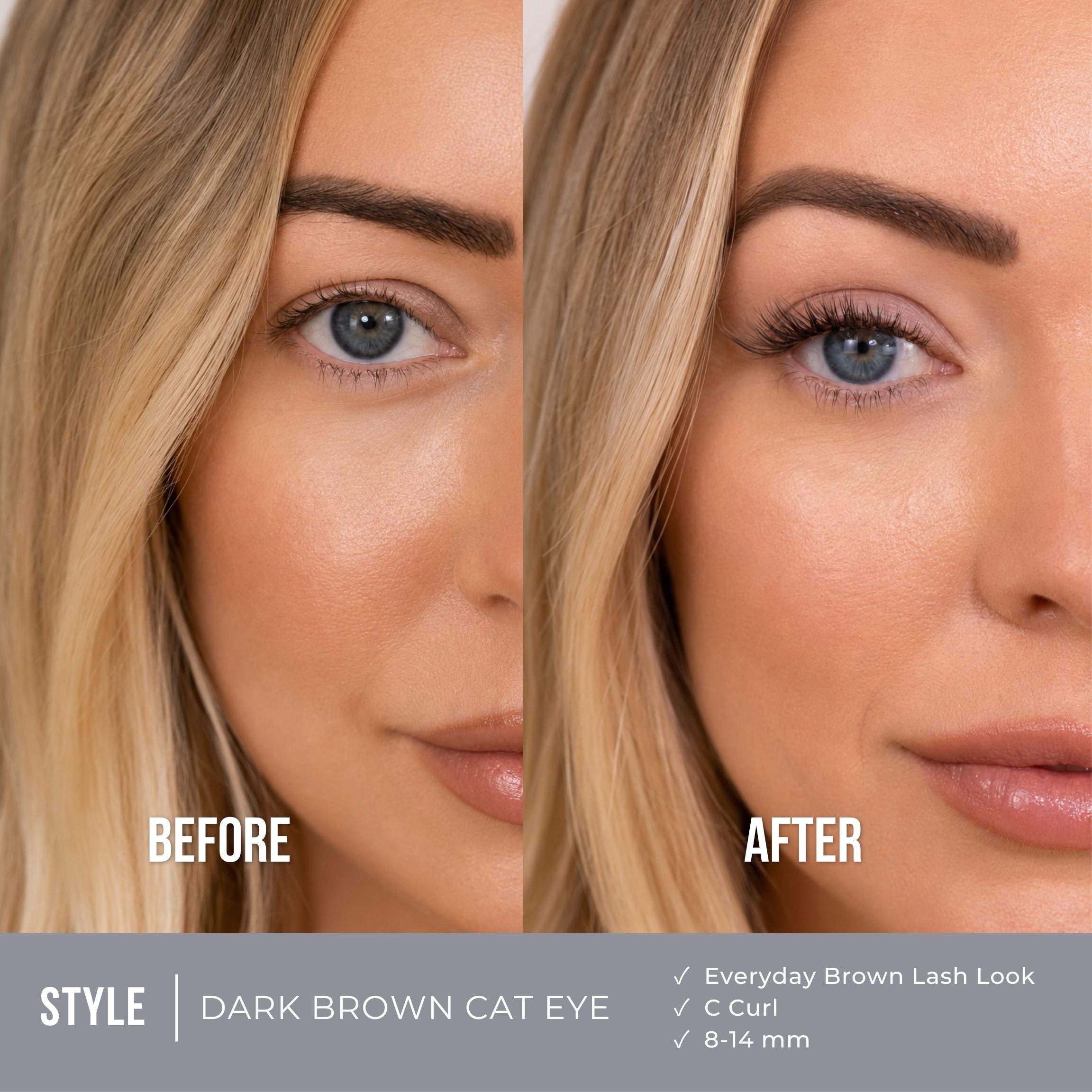 Before-and-after comparison of a woman's eye showing the application of a dark brown cat eye eyeliner look. The left side is labeled 'BEFORE' with natural lashes, and the right side is labeled 'AFTER' with defined, curled dark brown lashes.