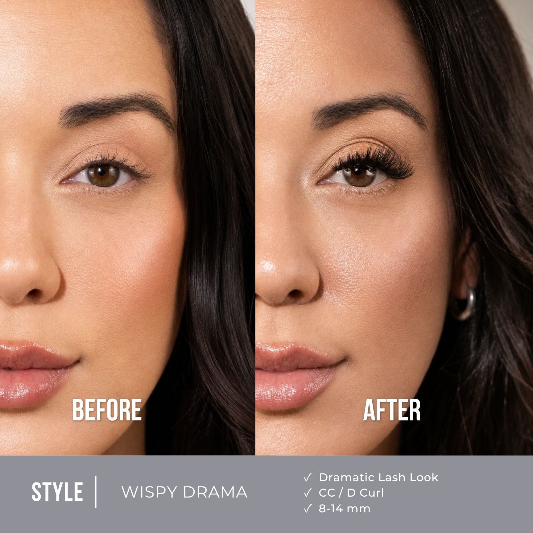 Before-and-after comparison of a woman's eye area showing lash enhancement. The left side is labeled BEFORE and shows natural lashes; the right side is labeled AFTER and shows longer, fuller curled lashes.