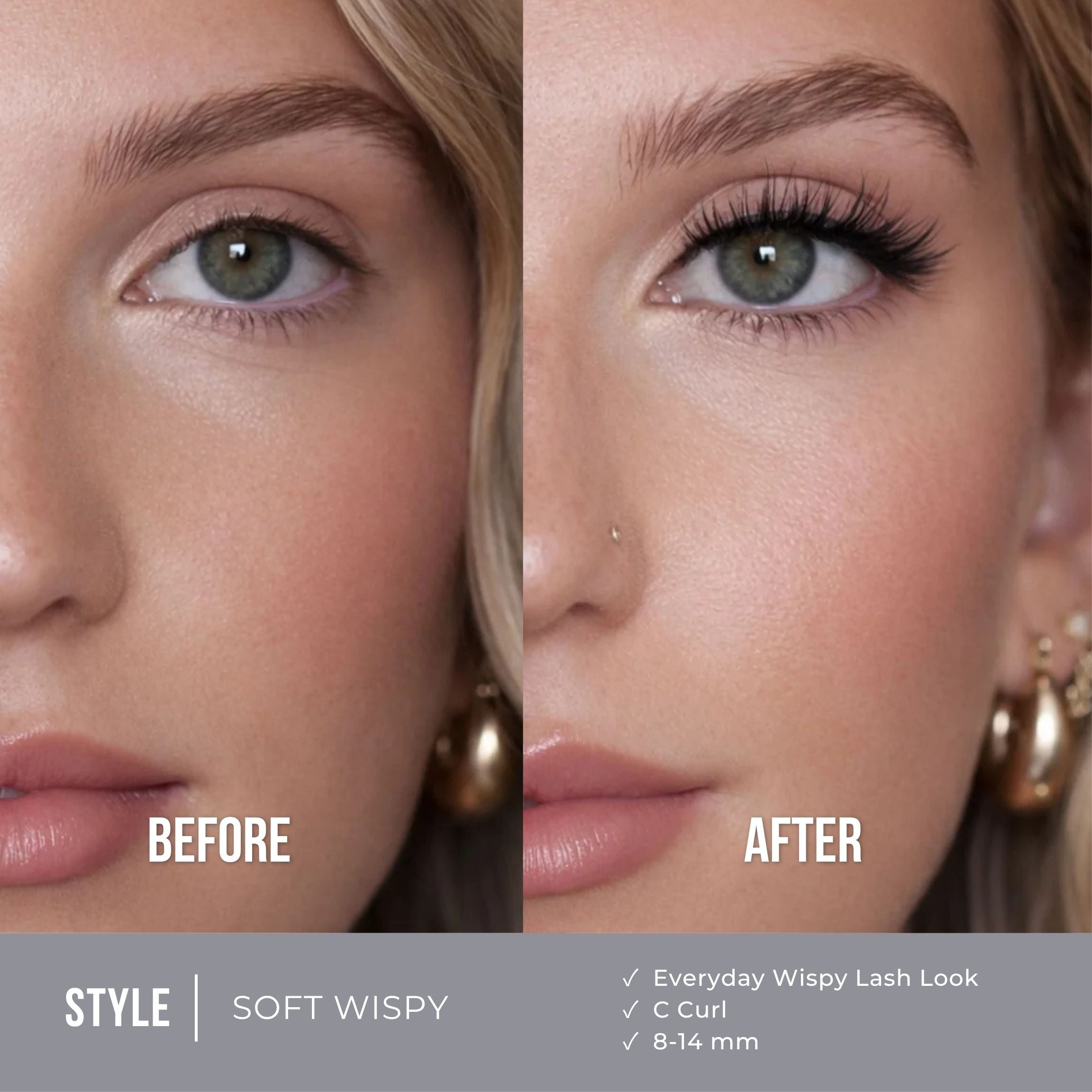 Before-and-after comparison of a woman's eye showing lash enhancement. The left side is labeled BEFORE and shows natural lashes; the right side is labeled AFTER and shows longer, fuller lashes.