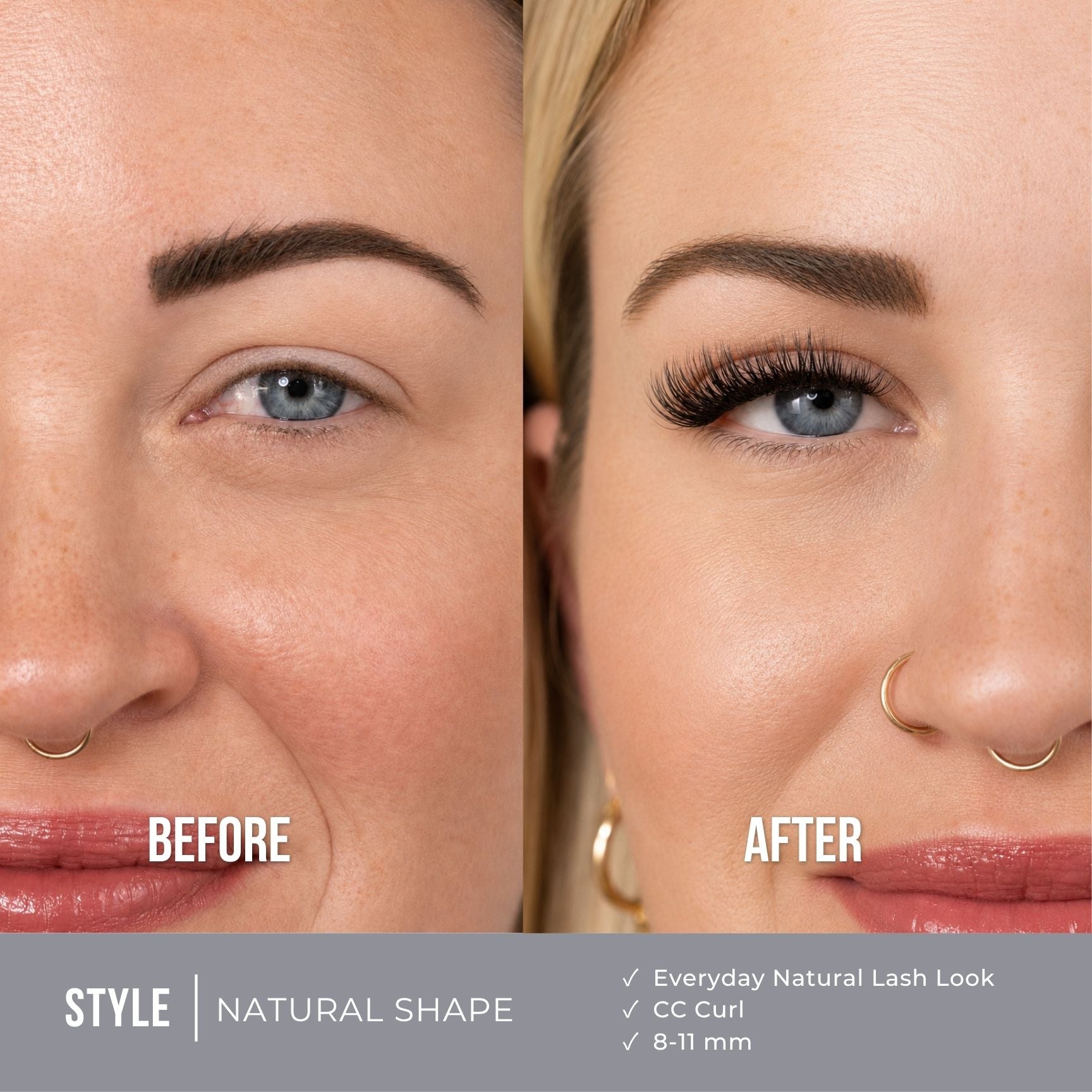 Before-and-after comparison of a woman's eye area showing eyebrow and eyelash styling results. The left side is labeled BEFORE with natural-length lashes and a natural brow shape; the right side is labeled AFTER with fuller, longer curled lashes and a defined brow.