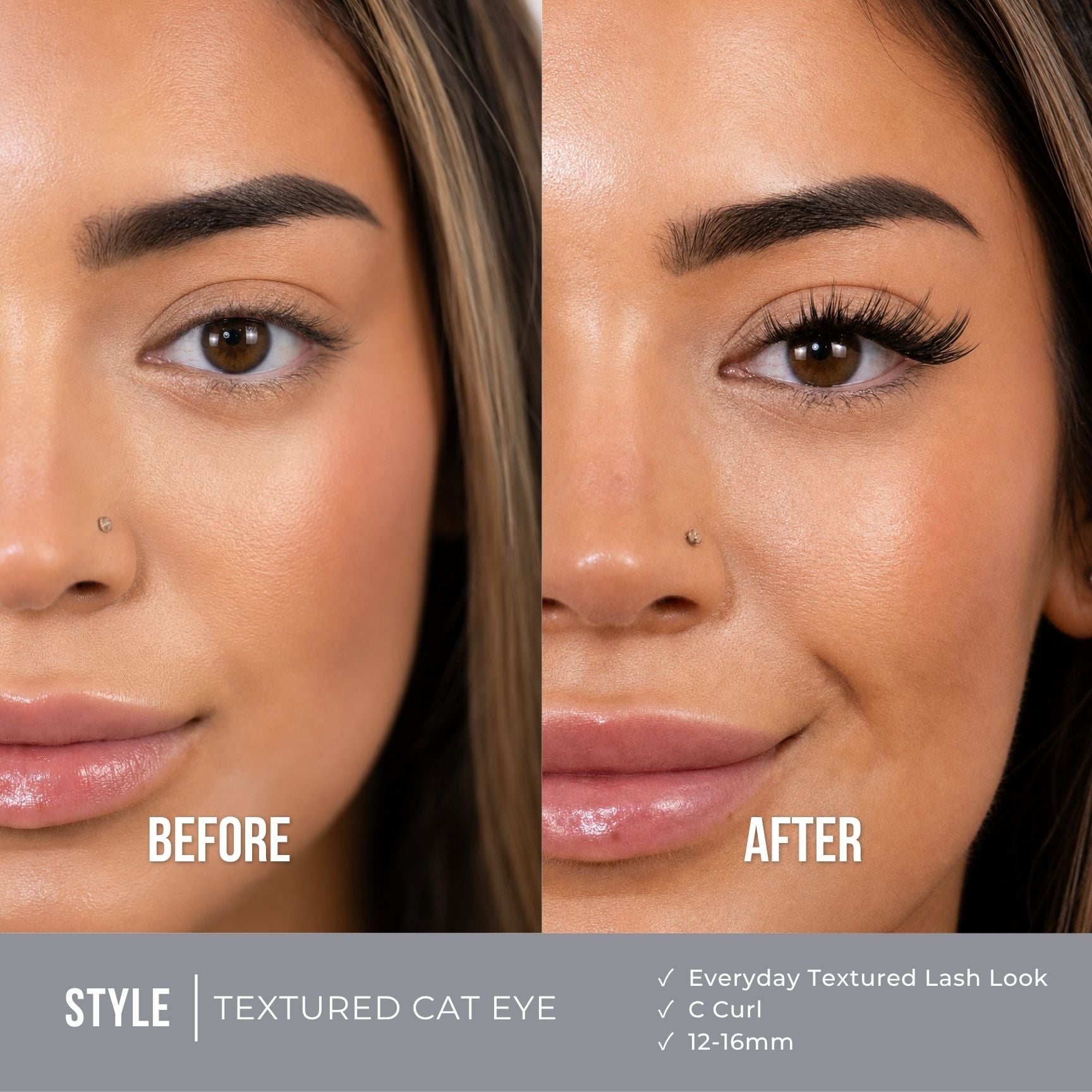 Before and after comparison of a woman's eye area showing the application of a textured cat-eye eyelash look. The left side is labeled BEFORE and shows natural lashes, while the right side is labeled AFTER and shows the styled, curled, and defined lashes.