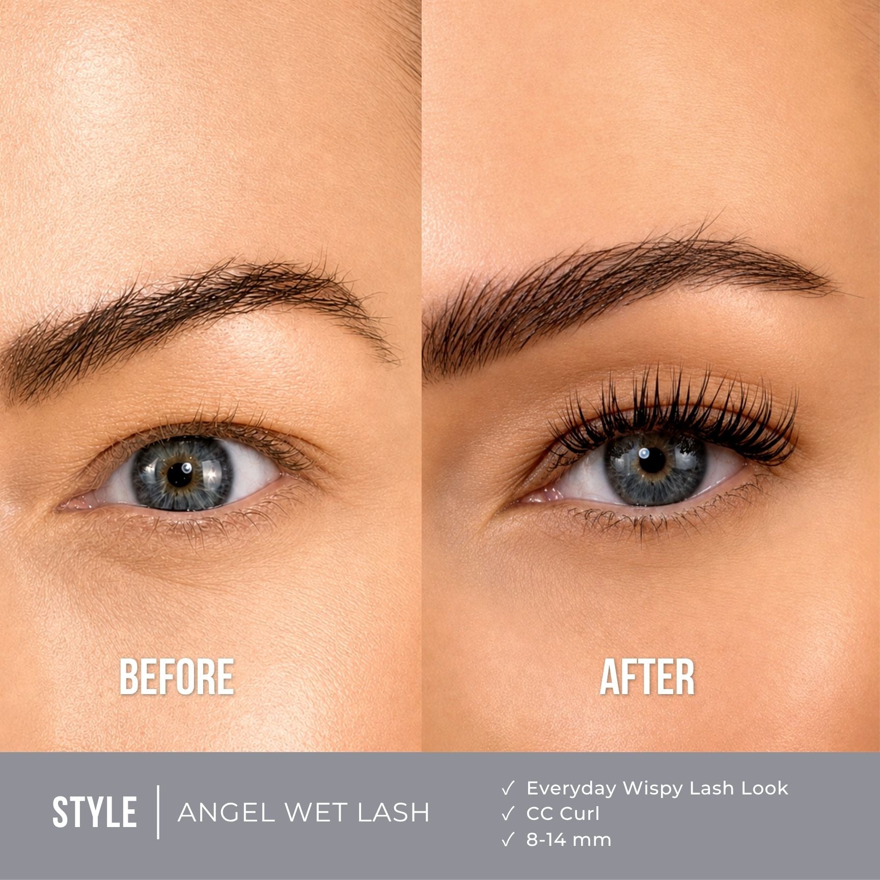 Before-and-after comparison of a blue eye showing eyelash enhancement. The left side labeled 'BEFORE' shows sparse lashes, and the right side labeled 'AFTER' shows fuller, longer lashes.