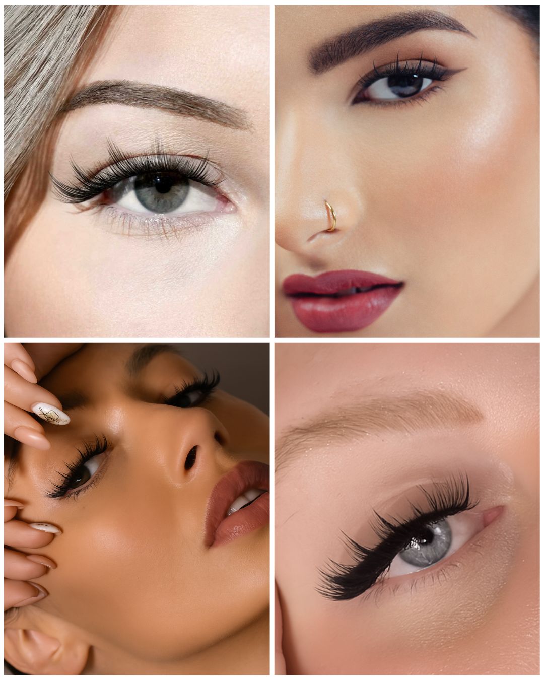 Collage of close-up shots of a woman's face with eyelash extension details.