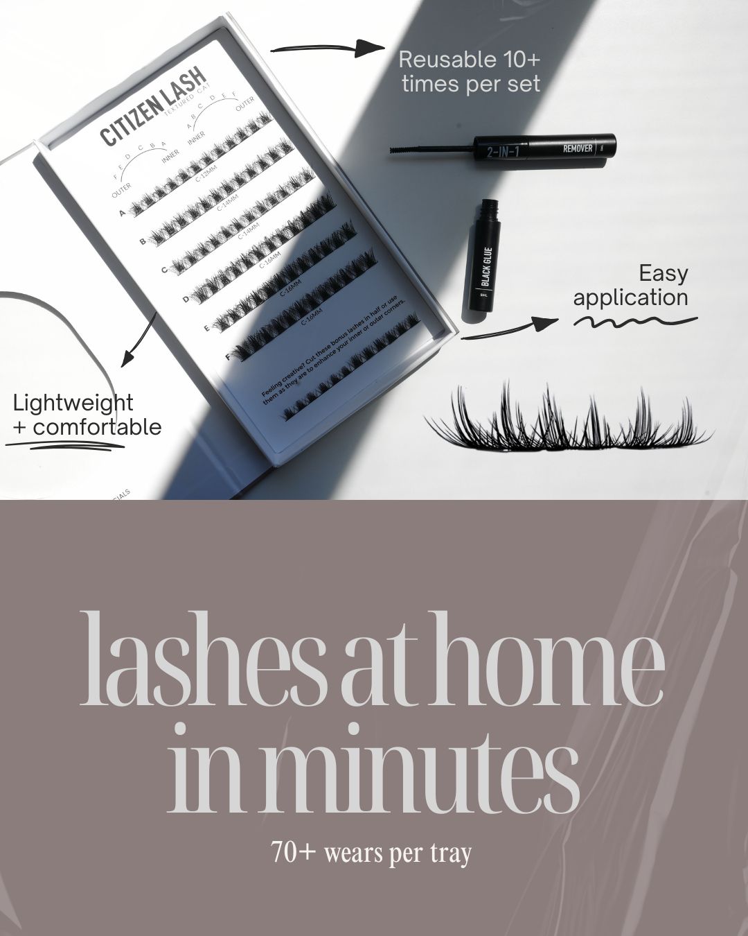 Eyelash extension kit with packaging and application tools on a white background